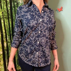 American Living Navy and White Paisley 3/4 Sleeve Button-Up